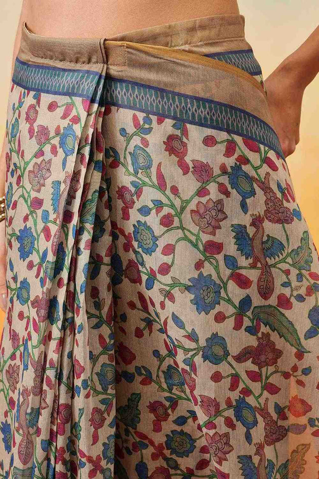 White Kalamkari Printed Cotton Blend Ready to Wear Saree