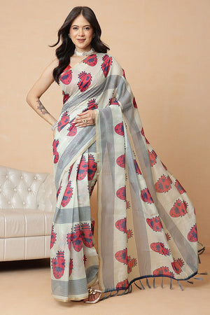 Off White Abstract Printed Cotton Blend Saree (SZR-KLD000-1636)