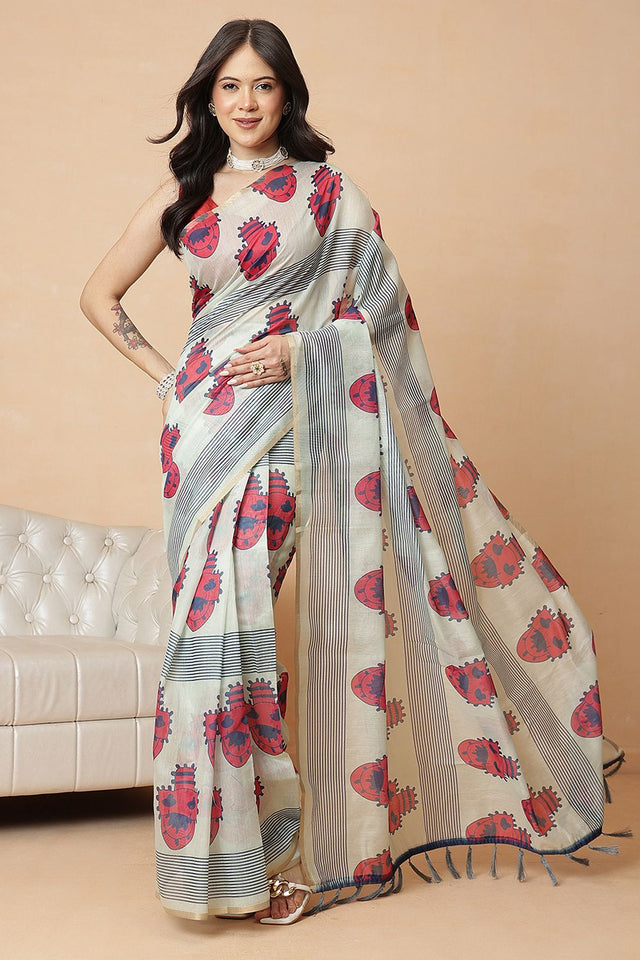 Off White Abstract Printed Cotton Blend Saree (SZR-KLD000-1636)
