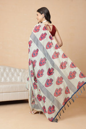 Off White Abstract Printed Cotton Blend Saree (SZR-KLD000-1636)
