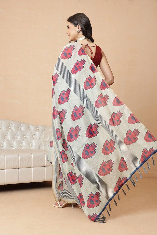 Off White Abstract Printed Cotton Blend Saree (SZR-KLD000-1636)