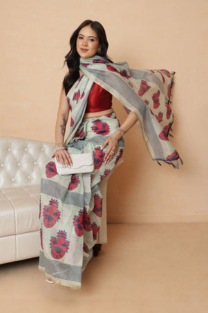 Off White Abstract Printed Cotton Blend Saree (SZR-KLD000-1636)