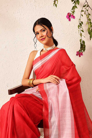 Red Solid Cotton Blend Ready to Wear Saree