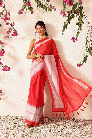 Red Solid Cotton Blend Ready to Wear Saree