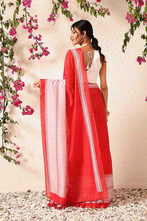 Red Solid Cotton Blend Ready to Wear Saree
