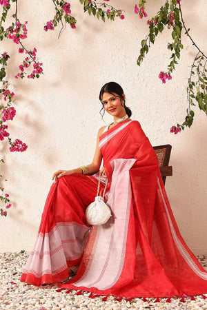 Red Solid Cotton Blend Ready to Wear Saree