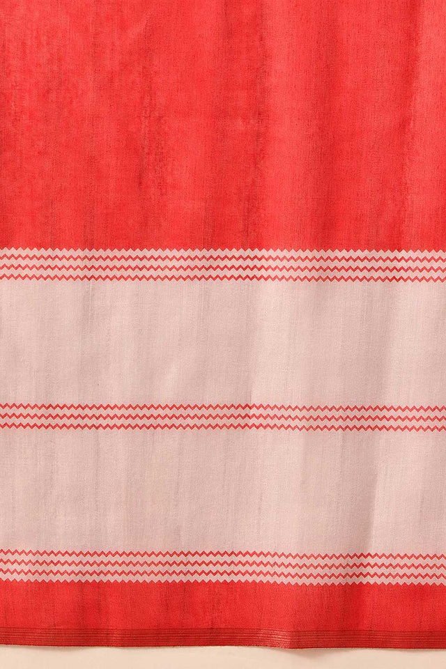 Red Solid Cotton Blend Ready to Wear Saree
