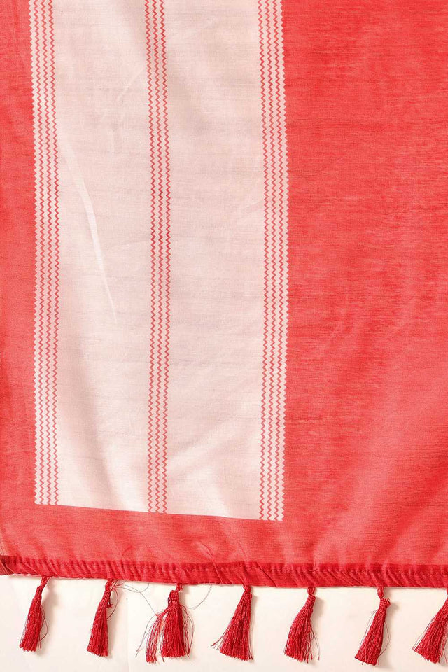 Red Solid Cotton Blend Ready to Wear Saree
