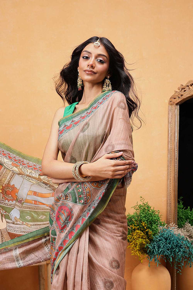 Peach Madhubani Printed Cotton Blend Ready to Wear Saree