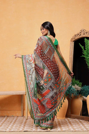 Peach Madhubani Printed Cotton Blend Ready to Wear Saree