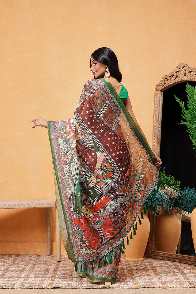 Peach Madhubani Printed Cotton Blend Ready to Wear Saree