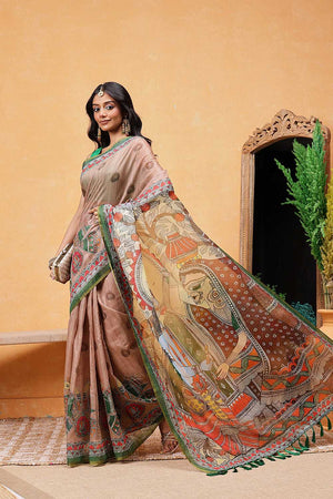 Peach Madhubani Printed Cotton Blend Ready to Wear Saree