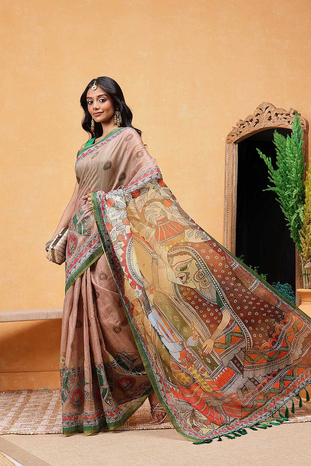 Peach Madhubani Printed Cotton Blend Ready to Wear Saree