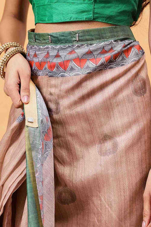 Peach Madhubani Printed Cotton Blend Ready to Wear Saree