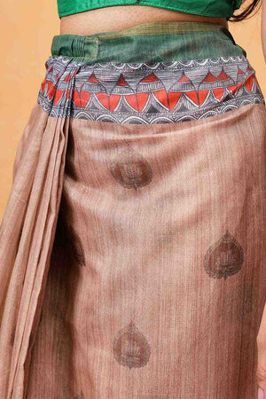 Peach Madhubani Printed Cotton Blend Ready to Wear Saree