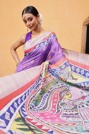 Violet Madhubani Printed Cotton Blend Ready to Wear Saree