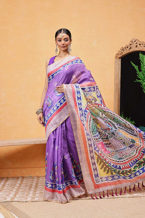 Violet Madhubani Printed Cotton Blend Ready to Wear Saree