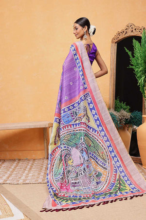 Violet Madhubani Printed Cotton Blend Ready to Wear Saree