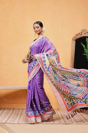 Violet Madhubani Printed Cotton Blend Ready to Wear Saree