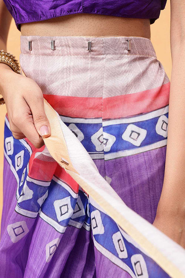 Violet Madhubani Printed Cotton Blend Ready to Wear Saree