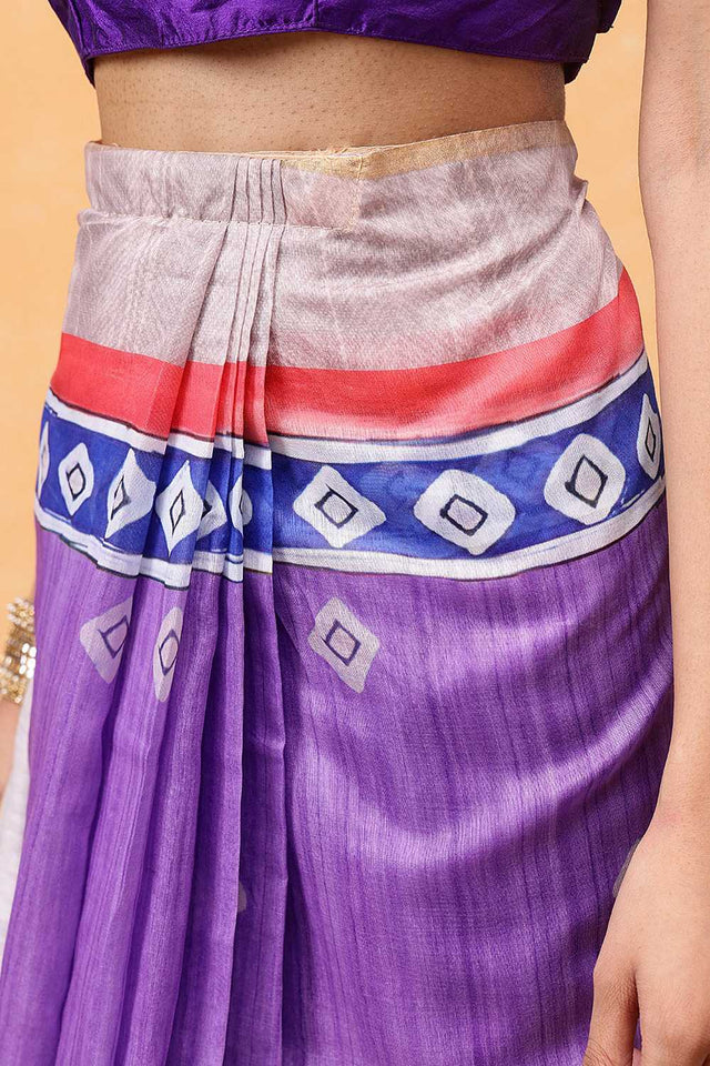 Violet Madhubani Printed Cotton Blend Ready to Wear Saree