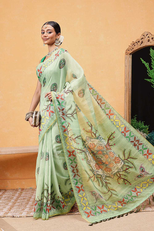 Green Madhubani Printed Cotton Blend Ready to Wear Saree
