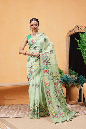 Green Madhubani Printed Cotton Blend Ready to Wear Saree