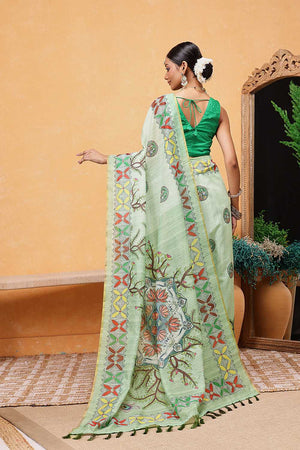 Green Madhubani Printed Cotton Blend Ready to Wear Saree