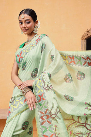 Green Madhubani Printed Cotton Blend Ready to Wear Saree