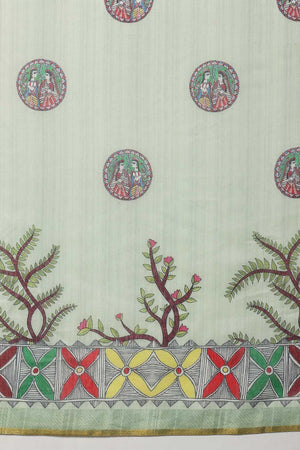Green Madhubani Printed Cotton Blend Ready to Wear Saree