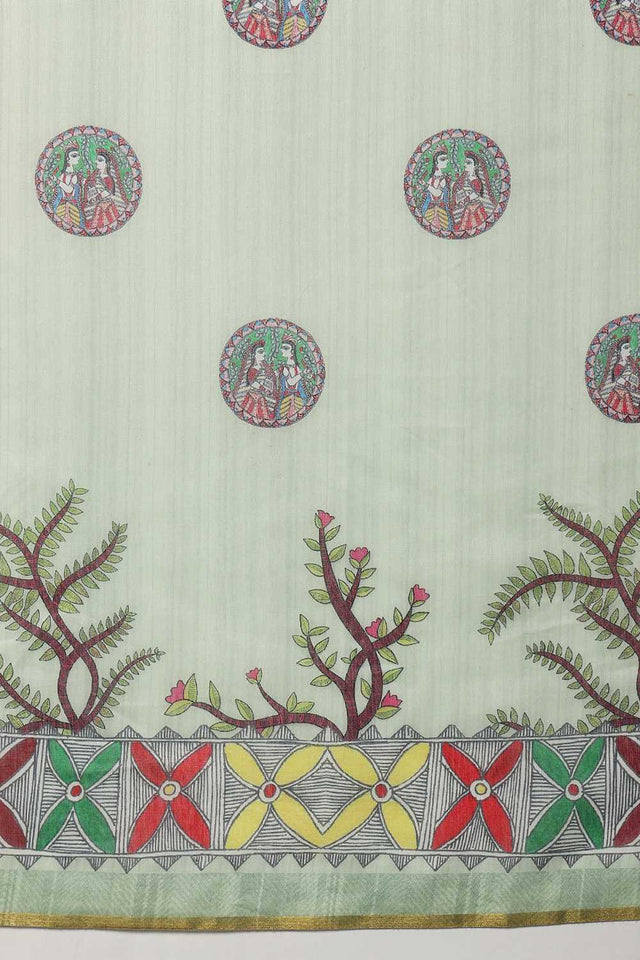 Green Madhubani Printed Cotton Blend Ready to Wear Saree