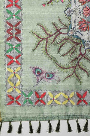 Green Madhubani Printed Cotton Blend Ready to Wear Saree