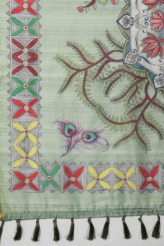Green Madhubani Printed Cotton Blend Ready to Wear Saree