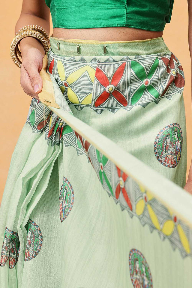 Green Madhubani Printed Cotton Blend Ready to Wear Saree