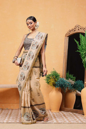Beige Madhubani Printed Cotton Blend Ready to Wear Saree