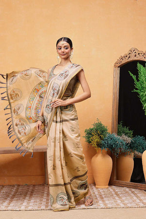 Beige Madhubani Printed Cotton Blend Ready to Wear Saree