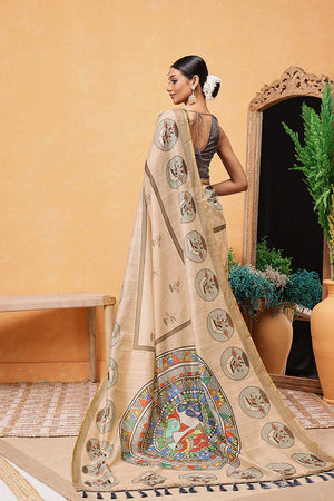 Beige Madhubani Printed Cotton Blend Ready to Wear Saree