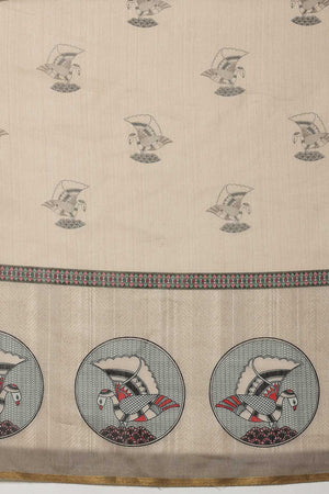 Beige Madhubani Printed Cotton Blend Ready to Wear Saree
