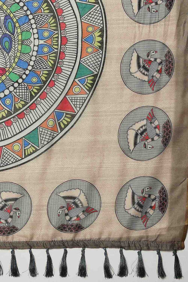 Beige Madhubani Printed Cotton Blend Ready to Wear Saree