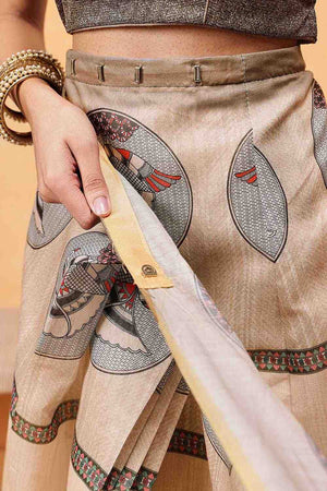 Beige Madhubani Printed Cotton Blend Ready to Wear Saree
