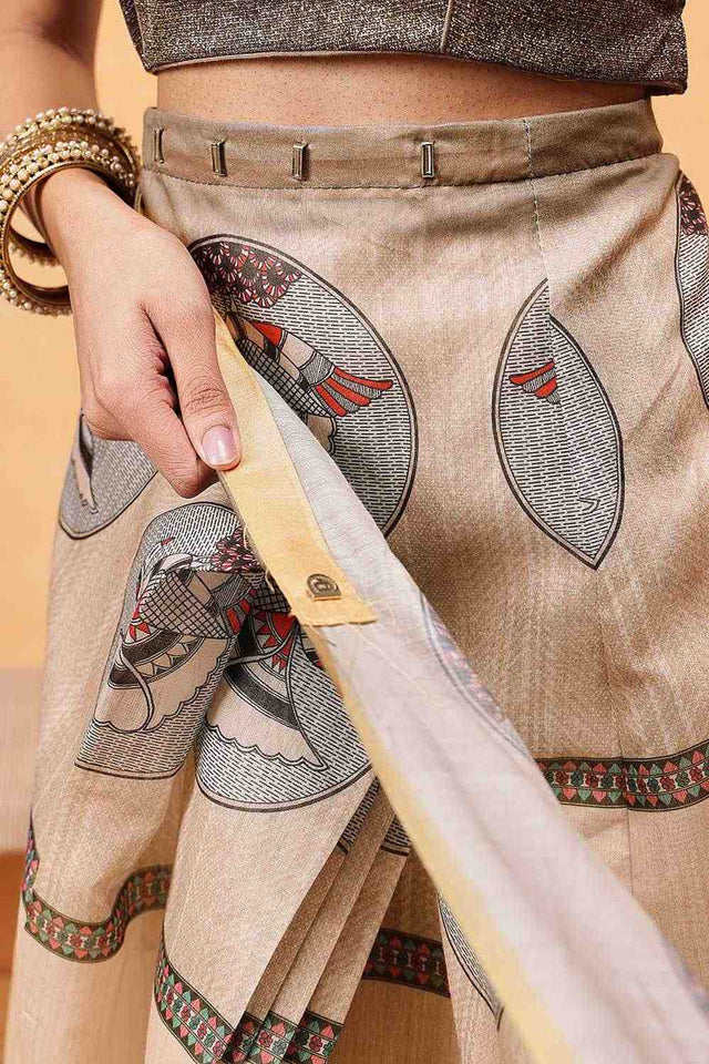 Beige Madhubani Printed Cotton Blend Ready to Wear Saree