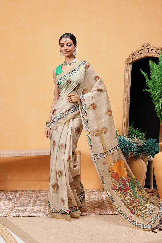 Beige Madhubani Printed Cotton Blend Ready to Wear Saree