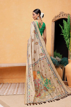 Beige Madhubani Printed Cotton Blend Ready to Wear Saree