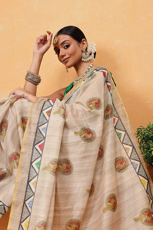 Beige Madhubani Printed Cotton Blend Ready to Wear Saree