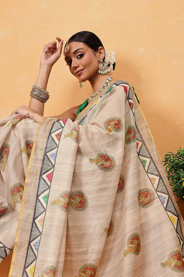 Beige Madhubani Printed Cotton Blend Ready to Wear Saree