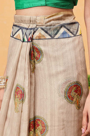 Beige Madhubani Printed Cotton Blend Ready to Wear Saree