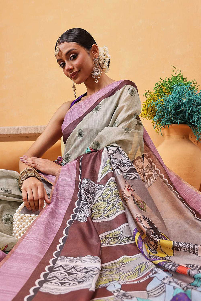 Grey Madhubani Printed Cotton Blend Ready to Wear Saree