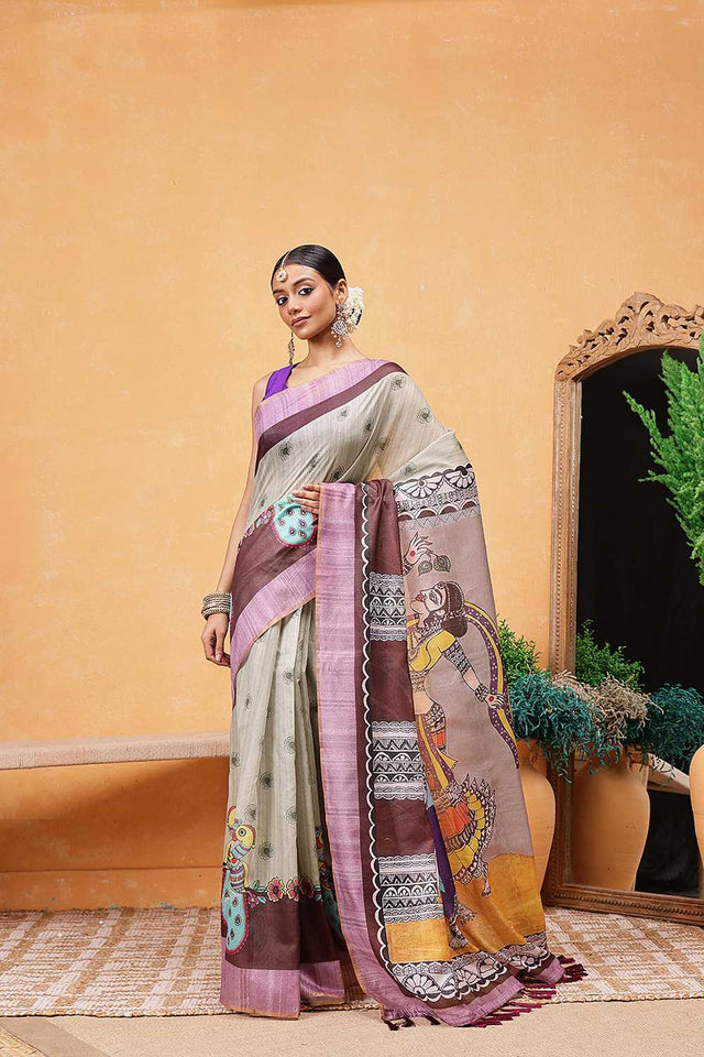Grey Madhubani Printed Cotton Blend Ready to Wear Saree