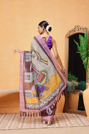 Grey Madhubani Printed Cotton Blend Ready to Wear Saree
