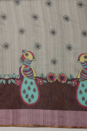 Grey Madhubani Printed Cotton Blend Ready to Wear Saree